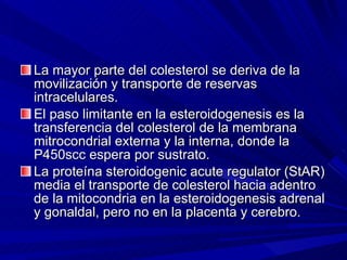 La mayor parte del colesterol se deriva de la movilización y transporte de reservas intracelulares. El paso limitante en la esteroidogenesis es la transferencia del colesterol de la membrana mitrocondrial externa y la interna, donde la P450scc espera por sustrato.  La proteína steroidogenic acute regulator (StAR) media el transporte de colesterol hacia adentro de la mitocondria en la esteroidogenesis adrenal y gonaldal, pero no en la placenta y cerebro. 