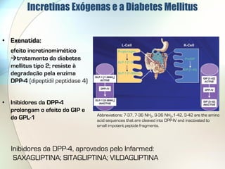 Incretinas Exógenas e a Diabetes Mellitus


• Exenatida:
  efeito incretinomimético
  tratamento da diabetes
  mellitus tipo 2; resiste à
  degradação pela enzima
  DPP-4 (dipeptidil peptidase 4)


• Inibidores da DPP-4
  prolongam o efeito do GIP e
                                   Abbreviations: 7-37, 7-36 NH2, 9-36 NH2,1-42, 3-42 are the amino
  do GPL-1                         acid sequences that are cleaved into DPP-IV and inactivated to
                                   small impotent peptide fragments.




   Inibidores da DPP-4, aprovados pelo Infarmed:
    SAXAGLIPTINA; SITAGLIPTINA; VILDAGLIPTINA
 
