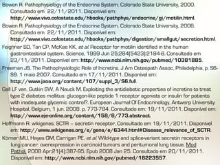 Bowen R. Pathophysiology of the Endocrine System. Colorado State University, 2000.
    Consultado em 22/11/2011. Disponível em:
    http://www.vivo.colostate.edu/hbooks/pathphys/endocrine/gi/motilin.html.
Bowen R. Pathophysiology of the Endocrine System. Colorado State University, 2006.
    Consultado em 22/11/2011. Disponível em:
    http://www.vivo.colostate.edu/hbooks/pathphys/digestion/smallgut/secretion.html.
Feighner SD, Tan CP, McKee KK, et al. Receptor for motilin identified in the human
    gastrointestinal system. Science, 1999 Jun 25;284(5423):2184-8. Consultado em
    23/11/2011. Disponível em: http://www.ncbi.nlm.nih.gov/pubmed/10381885.
Freeman JS. The Pathophysiologic Role of Incretins. J Am Osteopath Assoc, Philadelphia, p. S6-
    S9. 1 maio 2007. Consultado em 17/11/2011. Disponível em:
    http://www.jaoa.org/content/107/suppl_3/S6.full.
Gall LF van, Gutkin SW, A Nauck M. Exploiting the antidiabetic properties of incretins to treat
    type 2 diabetes mellitus: glucagon-like peptide 1 receptor agonists or insulin for patients
    with inadequate glycemic control?. European Journal Of Endocrinology, Antwerp University
    Hospital, Belgium, 1 jun. 2008. p. 773-784. Consultado em: 19/11/2011. Disponível em:
    http://www.eje-online.org/content/158/6/773.abstract.
Hoffmann R. wikigenes. SCTR – secretin receptor. Consultado em 19/11/2011. Disponível
    em: http://www.wikigenes.org/e/gene/e/6344.html#Disease_relevance_of_SCTR.
Körner MU, Hayes GM, Carrigan PE, et al. Wild-type and splice-variant secretin receptors in
    lung cancer: overexpression in carcinoid tumors and peritumoral lung tissue. Mod
    Pathol. 2008 Apr;21(4):387-95. Epub 2008 Jan 25. Consultado em 20/11/2011.
    Disponível em: http://www.ncbi.nlm.nih.gov/pubmed/18223557.
 