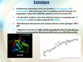 Estrutura
•   Inicialmente sintetizada como um proteína precursora de 120
    aminoácidos. Este percursor tem um péptido sinal N-Terminal, um
    espaçador, a Secretina (28-54), péptido sinal C-Terminal (72)
•   -- A secretina ‘madura’, tem uma estrutura linear, é composta por 27
    aminoácidos e tem um peso molecular de 3055u.
•   --Semelhanças estruturais com outras enzimas, como glucagon, VIP e
    GIP
•   -- Sequência estrutural: H2N–His-Ser-Asp-Gly-Thr-Phe-Thr-Ser-Glu-Leu-
    Ser-Arg-Leu-Arg-Asp-Ser-Ala-Arg-Leu-Gln-Arg-Leu-Leu-Gln-Gly-Leu-Val–
    CONH2
 