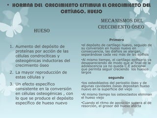 • HORMNA DEL CRECIMIENTO ESTIMULA EL CRECIMIENTO DEL
CATÍLAGO, HUESO
hueso
1. Aumento del depósito de
proteínas por acción de las
células condrocíticas y
osteogénicas inductoras del
crecimiento óseo
2. La mayor reproducción de
estas células y
3. Un efecto específico
consistente en la conversión
en células osteogénicas , con
lo que se produce el depósito
específico de hueso nuevo
MecanisMos del
creciMiento óseo
Primero
•el depósito de cartílago nuevo, seguido de
su conversión en hueso nuevo en
consecuencia, las diáfisis se alargan,
separándose cada vez más de las epífisis
•Al mismo tiempo, el cartílago epifisario va
desapareciendo de modo que al final de la
adolescencia ya no queda C.E adicional
que permita seguir creciendo los huesos
largos
segundo
•los osteoblastos del periostio óseo y de
algunas cavidades óseas depositan hueso
nuevo en la superficie del viejo
•Al mismo tiempo los osteoclastos eliminan
el hueso viejo
•Cuando el ritmo de aposición supera al de
resorción, el grosor del hueso afecta
 
