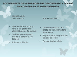 ACCIÓN BREVE DE LA HORMONA DEL CRECIMIENTO Y ACCIÓN
PROLONGADA DE LA SOMATOMEDINA
horMona del
creciMiento
• Se une de forma muy
laxa a las proteínas
plasmáticas de la sangre
• Se libera con rapidez
desde la sangre a los
tejidos
• Inferior a 20min
soMatoMedina c
• Une con fuerza a una
proteína transportadora
sanguínea
• El paso de la sangre a los
tejidos es lento
• Su semivida es 20h
 