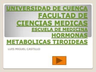UNIVERSIDAD DE CUENCA
          FACULTAD DE
     CIENCIAS MEDICAS
              ESCUELA DE MEDICINA
           HORMONAS
METABOLICAS TIROIDEAS
LUIS MIGUEL CASTILLO
 