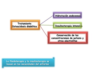Tratamiento
Cetoacidosis diabética
Hidratación endovenosa
Insulinoterapia intensiva
Conservación de las
concentraciones de potasio y
otros electrolitos
La fluidoterapia y la insulinoterapia se
basan en las necesidades del enfermo
 