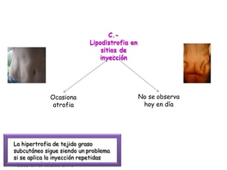 C.-
Lipodistrofia en
sitios de
inyección
Ocasiona
atrofia
No se observa
hoy en día
La hipertrofia de tejido graso
subcutáneo sigue siendo un problema
si se aplica la inyección repetidas
veces en el mismo sitio
 