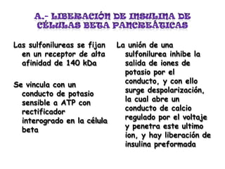 Las sulfonilureas se fijan
en un receptor de alta
afinidad de 140 kDa
Se vincula con un
conducto de potasio
sensible a ATP con
rectificador
interogrado en la célula
beta
La unión de una
sulfonilurea inhibe la
salida de iones de
potasio por el
conducto, y con ello
surge despolarización,
la cual abre un
conducto de calcio
regulado por el voltaje
y penetra este ultimo
ion, y hay liberación de
insulina preformada
 