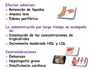 Efectos adversos:
o Retención de líquidos
o Anemia leve
o Edema periférico
La administración por largo tiempo se acompaña
de:
o Disminución de las concentraciones de
triglicéridos
o Incremento moderado HDL y LDL
Contraindicaciones
o Embarazo
o Hepatopatía grave
o Insuficiencia cardiaca
 