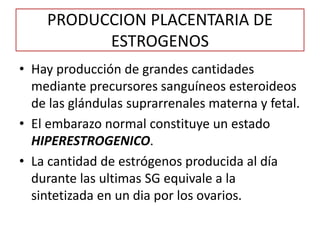 PRODUCCION PLACENTARIA DE
ESTROGENOS
• Hay producción de grandes cantidades
mediante precursores sanguíneos esteroideos
de las glándulas suprarrenales materna y fetal.
• El embarazo normal constituye un estado
HIPERESTROGENICO.
• La cantidad de estrógenos producida al día
durante las ultimas SG equivale a la
sintetizada en un dia por los ovarios.
 