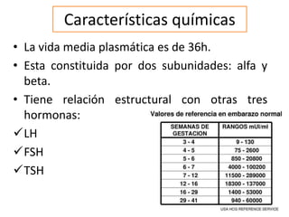 Características químicas
• La vida media plasmática es de 36h.
• Esta constituida por dos subunidades: alfa y
beta.
• Tiene relación estructural con otras tres
hormonas:
LH
FSH
TSH
 
