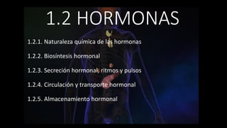 1.2 HORMONAS
1.2.1. Naturaleza química de las hormonas
1.2.2. Biosíntesis hormonal
1.2.3. Secreción hormonal, ritmos y pulsos
1.2.4. Circulación y transporte hormonal
1.2.5. Almacenamiento hormonal
 