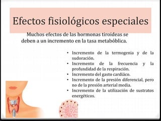 Efectos fisiológicos especiales
Muchos efectos de las hormonas tiroideas se
deben a un incremento en la tasa metabóblica.
• Incremento de la termogenia y de la
sudoración.
• Incremento de la frecuencia y la
profundidad de la respiración.
• Incremento del gasto cardiáco.
• Incremento de la presión diferencial, pero
no de la presión arterial media.
• Incremento de la utilización de sustratos
energéticos.
 