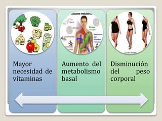 Otros efectos
Mayor
necesidad de
vitaminas
Aumento del
metabolismo
basal
Disminución
del peso
corporal
 