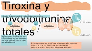 Tiroxina y
triyodotironina
totales
Métodos de inmunoanálisis no isotópicos competitivos
proteínas
transportadoras
T
4
T
3
proteínas
transportadoras
T
4
T
3
las hormonas tiroideas se unen
a los anticuerpos de detección
con una afinidad mucho mayor
que a la albúmina
58 y 150 nmol/L
1,2 y 2,7 nmol/L
El desplazamiento de la unión de la hormona a las proteínas
transportadoras y la dilución de la muestra en el
tampón facilitan la unión de la hormona al anticuerpo.
 