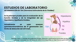 ESTUDIOS DE LABORATORIO
DETERMINACIÓN DE TSH (Hormona Estimulante de la Tiroides)
Es la principal prueba para la evaluación de la
función tiroidea y de la integridad del eje
hipotálamo hipofisario tiroideo.
Actualmente se usan ensayos
quimioluminométricos de 3ª generación con
límite de detección de 0,01 mU/L.
Santiago-Peña LF. Fisiología de la glándula tiroides. Disfunción y parámetros funcionales de laboratorio en
patología de tiroides. Rev ORL [Internet]. 2019;11(3):4. Disponible en: http://dx.doi.org/10.14201/orl.21514
 