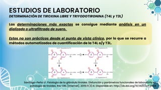 ESTUDIOS DE LABORATORIO
DETERMINACIÓN DE TIROXINA LIBRE Y TRIYODOTIRONINA (T4L y T3L)
Las determinaciones más exactas se consigue mediante análisis en un
dializado o ultrafiltrado de suero.
Estos no son prácticos desde el punto de vista clínico, por lo que se recurre a
métodos automatizados de cuantificación de la T4L o/y T3L.
Santiago-Peña LF. Fisiología de la glándula tiroides. Disfunción y parámetros funcionales de laboratorio en
patología de tiroides. Rev ORL [Internet]. 2019;11(3):4. Disponible en: http://dx.doi.org/10.14201/orl.21514
 