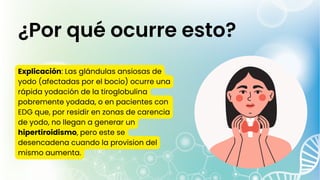 ¿Por qué ocurre esto?
Explicación: Las glándulas ansiosas de
yodo (afectadas por el bocio) ocurre una
rápida yodación de la tiroglobulina
pobremente yodada, o en pacientes con
EDG que, por residir en zonas de carencia
de yodo, no llegan a generar un
hipertiroidismo, pero este se
desencadena cuando la provision del
mismo aumenta.
 