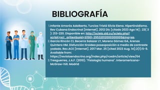Infante Amorós Adalberto, Turcios Tristá Silvia Elena. Hipertiroidismo.
Rev Cubana Endocrinol [Internet]. 2012 Dic [citado 2023 Ago 14] ; 23( 3
): 213-220. Disponible en: http://scielo.sld.cu/scielo.php?
script=sci_arttext&pid=S1561-29532012000300005&lng=es.
García Rincón CI, Becerra Salazar LY, Moreno Gómez GA, Arenas
Quintero HM. Disfunción tiroidea posexposición a medio de contraste
yodado. Rev.ACE [Internet]. 2017 Mar. 25 [cited 2023 Aug. 14];2(1):5-9.
Available from:
https://revistaendocrino.org/index.php/rcedm/article/view/64
Tresguerres, J.A.F. (2010). "Fisiología humana". Interamericana-
McGraw-hill. Madrid
1.
2.
3.
BIBLIOGRAFÍA
 
