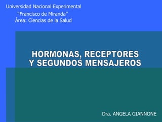 Universidad Nacional Experimental “ Francisco de Miranda” Área: Ciencias de la Salud Dra. ANGELA GIANNONE HORMONAS, RECEPTORES  Y SEGUNDOS MENSAJEROS 