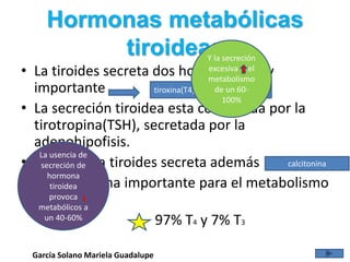 Hormonas metabólicas
tiroideas
• La tiroides secreta dos hormonas muy
importante
• La secreción tiroidea esta controlada p...