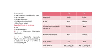 T3 T4
Vida media 1 día 7 días
Activa Más Menos
Afinidad por proteínas de
transporte
Menos Más
Afinidad por receptor Más Menos
% de Sintesis 5% 95%
Valor Normal 80-220mg/dl 4,5-11,5 mg/dl
Regulación de la síntesis:
TSH
Variaciones de I-
:
- I-
: hipertrofia, hiperplasia,
hipofunción.
+ I-
: hipotrofia, hipoplasia,
hiperfunción. Se inhibe su captación y
la producción de H2
O2
=> se inhibe la
síntesis de T3 y T4
Transporte:
70%: Globulina transportadora (TBG)
10-15%: TBPA
15-20%: Albumina.
3-6% Lipoproteinas (HDL)
Libre (forma activa)
 