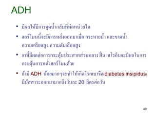 ADH
• มีผลให้มีการดูดน้ ากลับที่ท่อหน่วยไต
• ฮอร์โมนนี้จะมีการหลังออกมาเมื่อ กระหายน้ า และขาดน้ า
                       ...