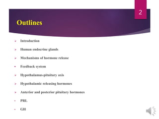 Outlines
 Introduction
 Human endocrine glands
 Mechanisms of hormone release
 Feedback system
 Hypothalamus-pituitary axis
 Hypothalamic releasing hormones
 Anterior and posterior pituitary hormones
• PRL
• GH
2
 