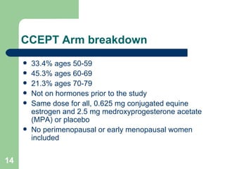 CCEPT Arm breakdown 33.4% ages 50-59 45.3% ages 60-69 21.3% ages 70-79 Not on hormones prior to the study Same dose for all, 0.625 mg conjugated equine estrogen and 2.5 mg medroxyprogesterone acetate (MPA) or placebo No perimenopausal or early menopausal women included 