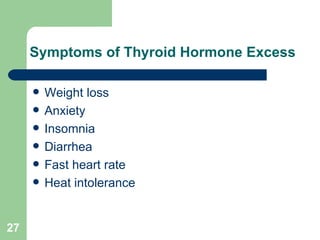 Symptoms of Thyroid Hormone Excess Weight loss Anxiety Insomnia  Diarrhea Fast heart rate Heat intolerance 