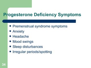 Progesterone Deficiency Symptoms Premenstrual syndrome symptoms Anxiety Headache Mood swings Sleep disturbances Irregular periods/spotting 