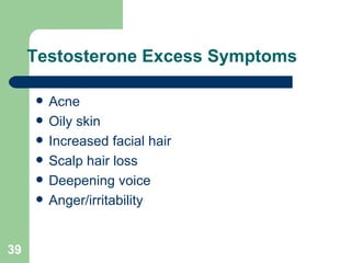 Testosterone Excess Symptoms Acne Oily skin Increased facial hair Scalp hair loss Deepening voice Anger/irritability 