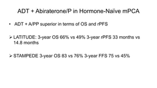 ADT + Abiraterone/P in Hormone-Naïve mPCA
• ADT + A/PP superior in terms of OS and rPFS
 LATITUDE: 3-year OS 66% vs 49% 3-year rPFS 33 months vs
14.8 months
 STAMPEDE 3-year OS 83 vs 76% 3-year FFS 75 vs 45%
 