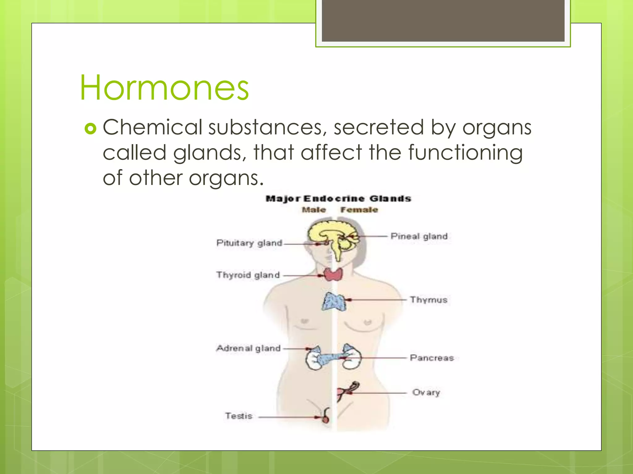 Hormones
 Chemical substances, secreted by organs
called glands, that affect the functioning
of other organs.
 