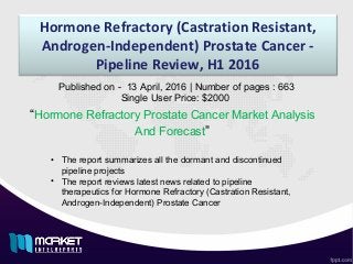Hormone Refractory (Castration Resistant,
Androgen-Independent) Prostate Cancer -
Pipeline Review, H1 2016
“Hormone Refractory Prostate Cancer Market Analysis
And Forecast”
Published on - 13 April, 2016 | Number of pages : 663
Single User Price: $2000
• The report summarizes all the dormant and discontinued
pipeline projects
• The report reviews latest news related to pipeline
therapeutics for Hormone Refractory (Castration Resistant,
Androgen-Independent) Prostate Cancer
 