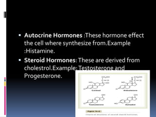  Autocrine Hormones :These hormone effect
the cell where synthesize from.Example
:Histamine.
 Steroid Hormones:These are derived from
cholestrol.Example:Testosterone and
Progesterone.
 