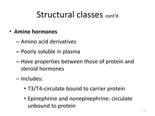 • Amine hormones
– Amino acid derivatives
– Poorly soluble in plasma
– Have properties between those of protein and
steroid hormones
– Includes:
• T3/T4-circulate bound to carrier protein
• Epinephrine and nonepinephrine: circulate
unbound to protein
Structural classes cont’d
13
 