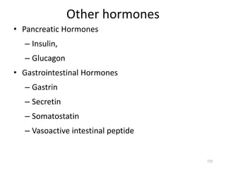 Other hormones
• Pancreatic Hormones
– Insulin,
– Glucagon
• Gastrointestinal Hormones
– Gastrin
– Secretin
– Somatostatin
– Vasoactive intestinal peptide
172
 