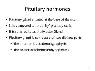 Pituitary hormones
• Pituitary gland situated at the base of the skull
• It is connected to ‘brain by’ pituitary stalk.
• It is referred to as the Master Gland
• Pituitary gland is composed of two distinct parts
• The anterior lobe(adenohypophysis)
• The posterior lobe(neurohypophysis)
31
 