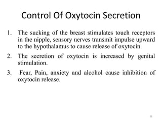Control Of Oxytocin Secretion
1. The sucking of the breast stimulates touch receptors
in the nipple, sensory nerves transmit impulse upward
to the hypothalamus to cause release of oxytocin.
2. The secretion of oxytocin is increased by genital
stimulation.
3. Fear, Pain, anxiety and alcohol cause inhibition of
oxytocin release.
66
 