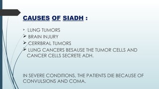 CAUSES OF SIADH :
 LUNG TUMORS
 BRAIN INJURY
 CERRBRAL TUMORS
 LUNG CANCERS BESAUSE THE TUMOR CELLS AND
CANCER CELLS SECRETE ADH.
IN SEVERE CONDITIONS, THE PATIENTS DIE BECAUSE OF
CONVULSIONS AND COMA.
 