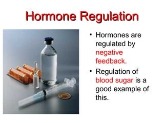 Hormone Regulation
          • Hormones are
            regulated by
            negative
            feedback.
          • Regulation of
            blood sugar is a
            good example of
            this.
 