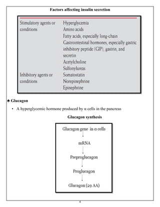 4
Factors affecting insulin secretion
♣ Glucagon
• A hyperglycemic hormone produced by α cells in the pancreas
Glucagon synthesis
 