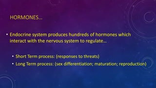 HORMONES…
• Endocrine system produces hundreds of hormones which
interact with the nervous system to regulate…
• Short Term process: (responses to threats)
• Long Term process: (sex differentiation; maturation; reproduction)
 