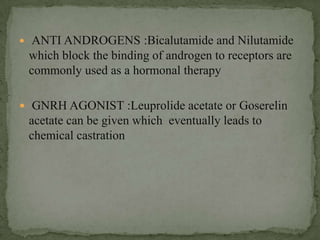ANTI ANDROGENS :Bicalutamide and Nilutamide which block the binding of androgen to receptors are commonly used as a hormonal therapy GNRH AGONIST :Leuprolide acetate or Goserelin acetate can be given which  eventually leads to chemical castration 