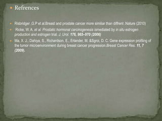 RefrencesRisbridger ,G.P et al.Breast and prostate cancer more similiar than diffrent .Nature (2010) Ricke, W. A. et al. Prostatic hormonal carcinogenesis ismediated by in situ estrogen production and estrogen trial. J. Urol. 176, 965–970 (2006)Ma, X. J., Dahiya, S., Richardson, E., Erlander, M. &Sgroi, D. C. Gene expression profiling of the tumor microenvironment during breast cancer progression.BreastCancer Res. 11, 7 (2009).