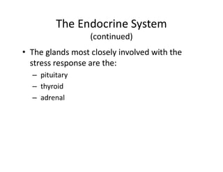 The Endocrine System
(continued)
• The glands most closely involved with the
stress response are the:
– pituitary
– thyroid
– adrenal
 