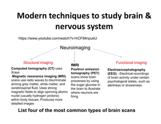 Modern techniques to study brain &
nervous system
Electroencephalography
(EEG) - Electrical recordings
of brain activity under certain
psychological states, such as
alertness or drowsiness.
https://www.youtube.com/watch?v=hCFtl4npukU
List four of the most common types of brain scans
Neuroimaging
Structural imaging Functional imaging
Computed tomography (CT) uses
Xrays
Magnetic resonance imaging (MRI)
scans use radio waves to discriminate
among grey matter, white matter, and
cerebrospinal fluid. Uses strong
magnetic fields to align spinning atomic
nuclei (usually hydrogen protons)
within body tissues. Produces more
detailed images
fMRI
Positron emission
tomography (PET)
scans show brain
processes by using
the sugar glucose in
the brain to illustrate
where neurons are
firing
 