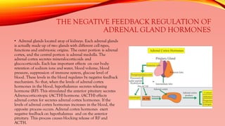 THE NEGATIVE FEEDBACK REGULATION OF
ADRENAL GLAND HORMONES
• Adrenal glands located atop of kidneys. Each adrenal glands
is actually made up of two glands with different cell types,
functions and embryonic origins. The outer portion is adrenal
cortex, and the central portion is adrenal medulla. The
adrenal cortex secretes mineralocorticoids and
glucocorticoids. Each has important effects on our body:
retention of sodium ions and water, blood volume, blood
pressure, suppression of immune system, glucose level of
blood. These levels in the blood regulates by negative feedback
mechanism. So that, when the levels of adrenal cortex
hormones in the blood, hypothalamus secretes releasing
hormone (RF). This stimulated the anterior pituitary secretes
Adrenocorticotropic (ACTH) hormone. (ACTH) effects
adrenal cortex for secretes adrenal cortex hormones. If the
levels of adrenal cortex hormones increases in the blood, the
opposite process occurs. Adrenal cortex hormones exert
negative feedback on hypothalamus and on the anterior
pituitary. This process causes blocking release of RF and
ACTH.
 