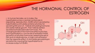 THE HORMONAL CONTROL OF
ESTROGEN
• In human females, as in males,the
hypothalamus has a central control role in
regulating reproduction. GnRH which secreted by
hypothalamus stimulates anterior pituitary for
secreting FSH and LH. Follicle stimulating hormone
stimulates follicle growth. Then folliclestarted
secreted estradiol (female hormone). The
changing levels of this hormone effects pituitary
and hypothalamus. Low levels of estradiol inhibit
secretion of pituitary hormones, keeping levels of
FSH and LH relatively low. A high concentration
has the opposite effect. It stimulates gonadotropin
secretion by causing the hypothalamus to
increase output of GnRH.
 