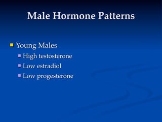 Male Hormone Patterns

   Young Males
       High testosterone

    
   
       Low estradiol
     
   
   
   
       Low progesterone
 