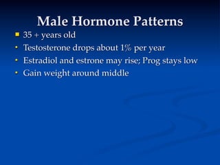 Male Hormone Patterns
   35 + years old
 
    
    
      
     
   Testosterone drops about 1% per year

   Estradiol and estrone may rise; Prog stays low
   Gain weight around middle
       
     
 
